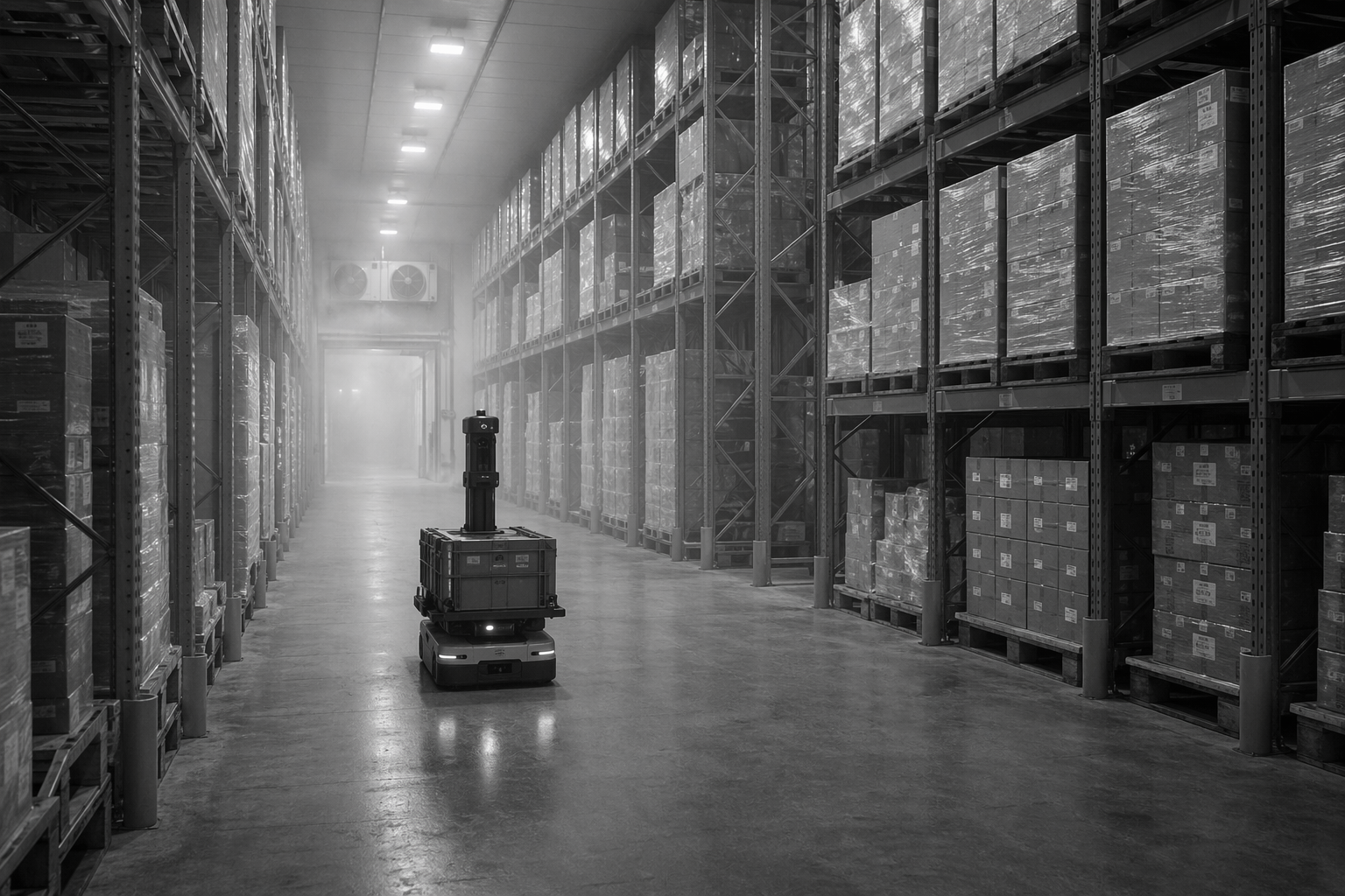 Cold storage aisle with insulated staging and narrow travel paths