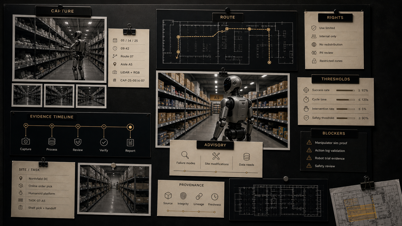 Illustrative proof board for robot readiness evidence
