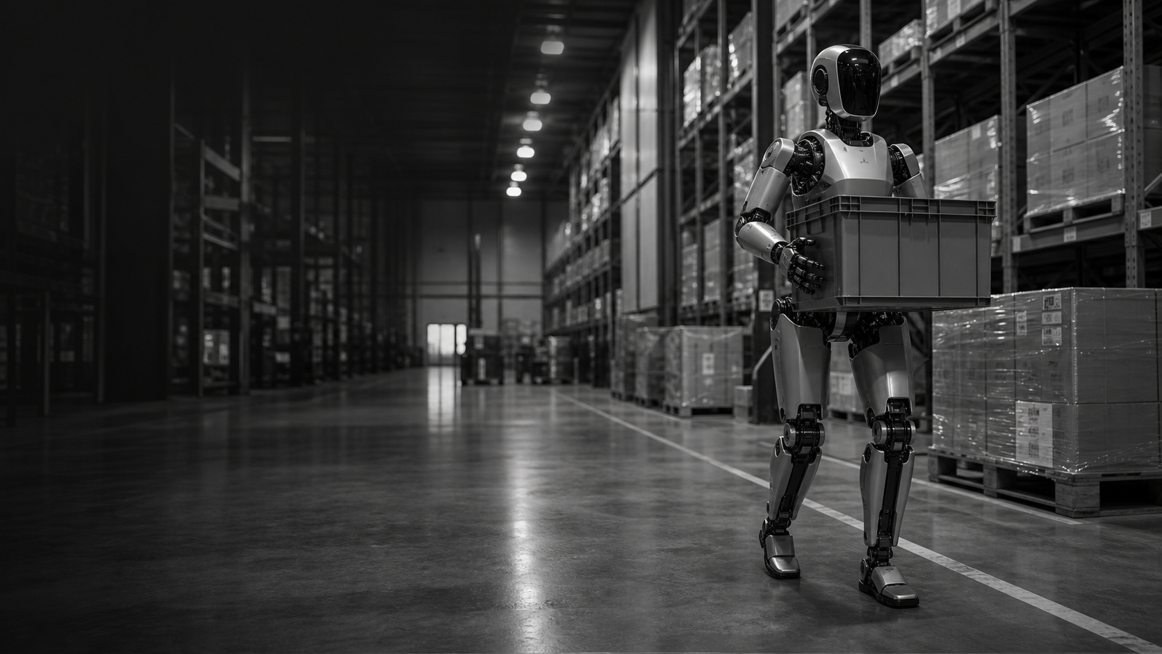 Humanoid robot in a warehouse aisle used as illustrative readiness imagery