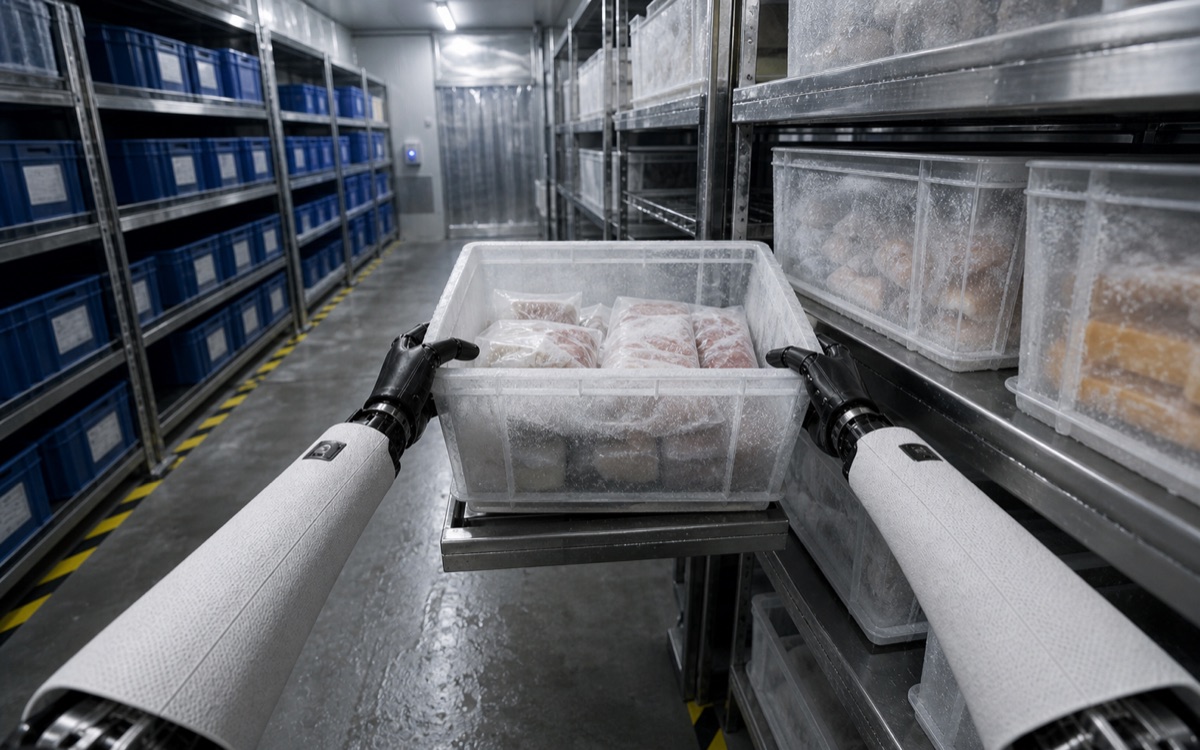 First-person review clip of a cold-storage task