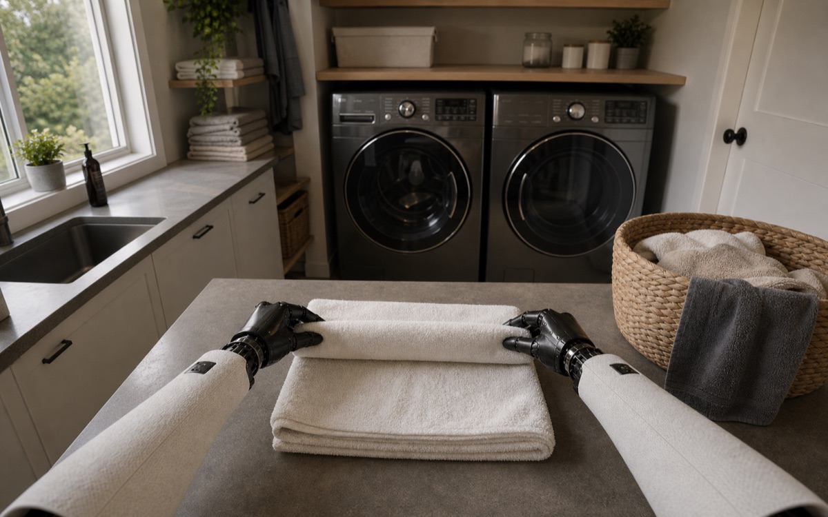 First-person review clip of a laundry-folding task