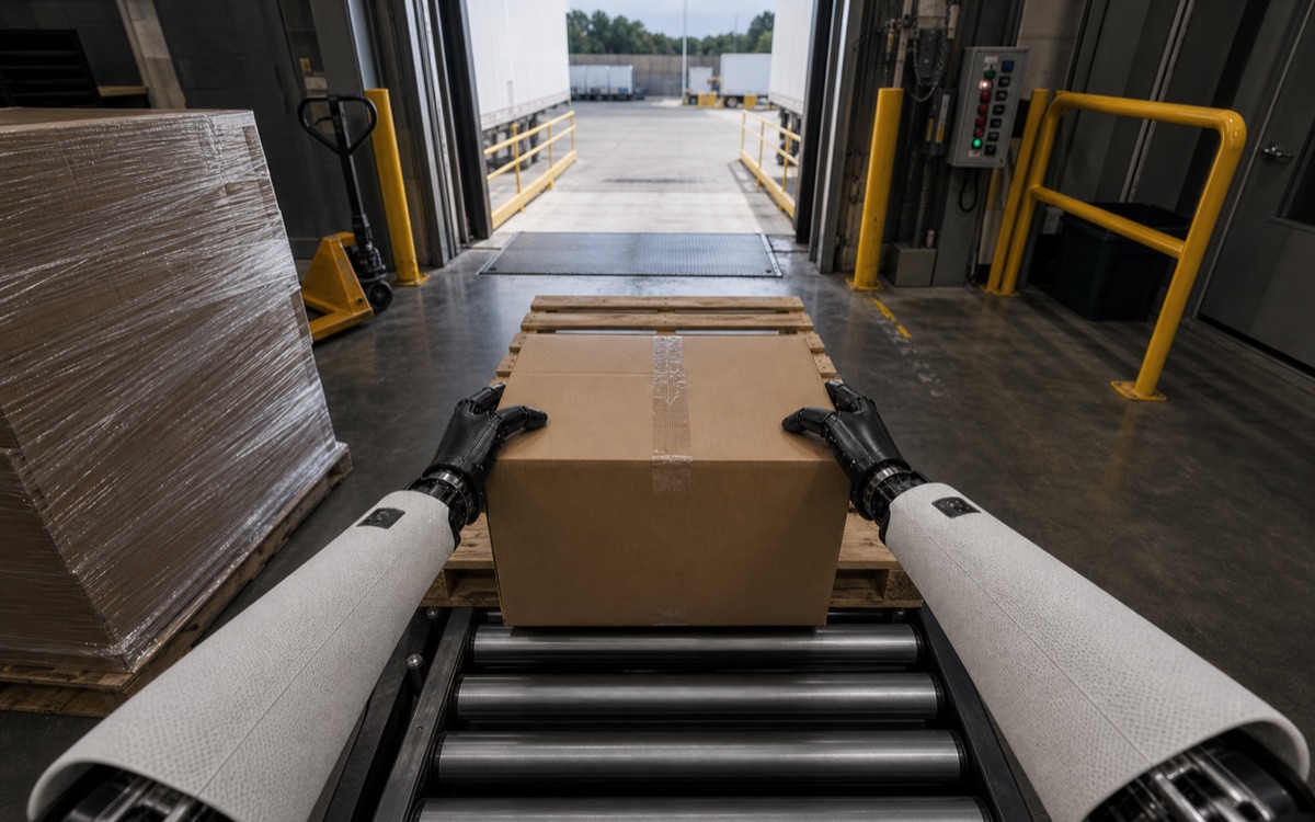 First-person review clip of a loading-dock task