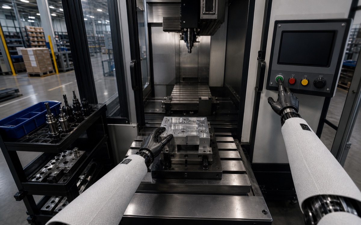 First-person review clip of a machine-tending task