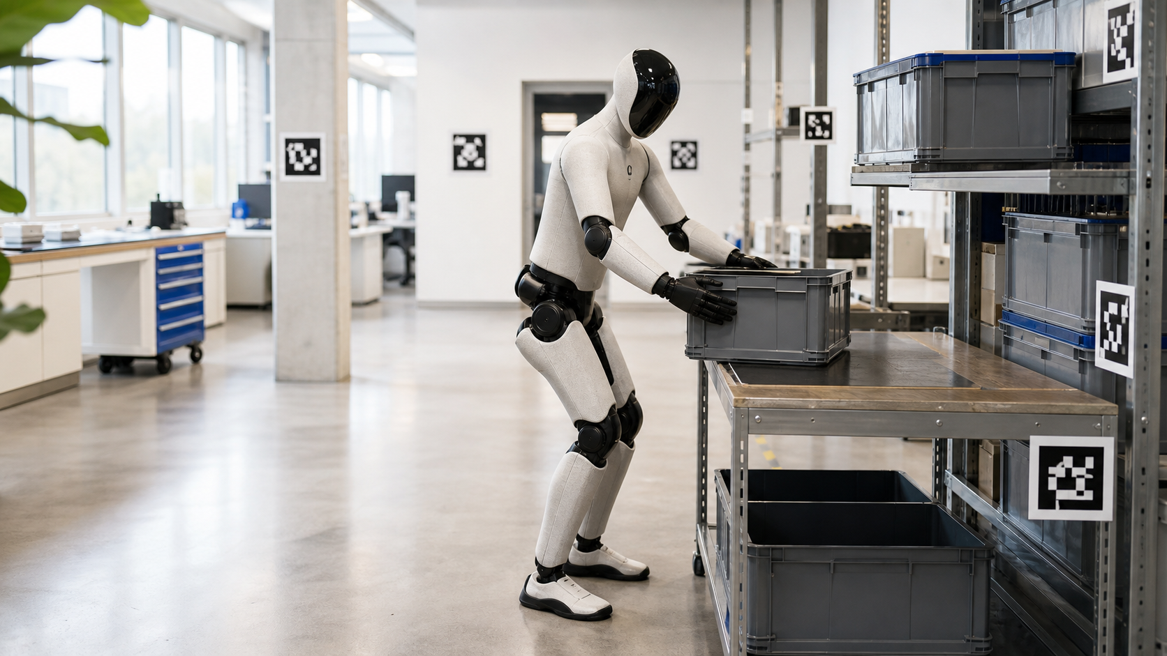 Humanoid robot moving a tote inside a captured indoor facility
